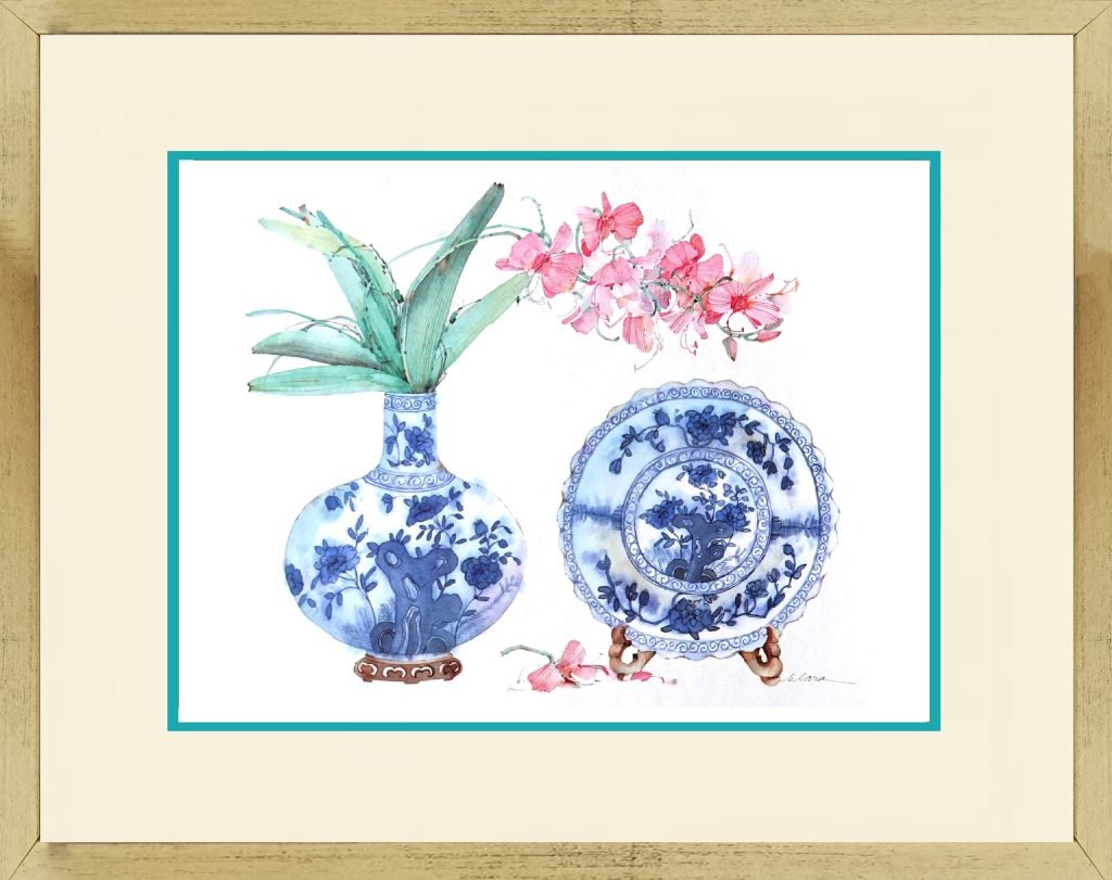 Watercolour Painting of Peranakan Blue & White Wares with Orchid Flowers by Clara Hung Mei Yee